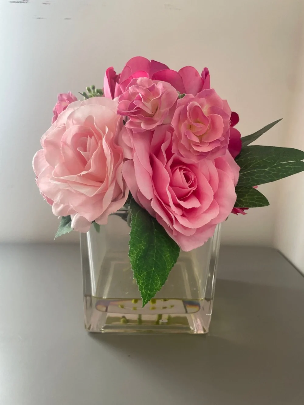 Pink Artificial Rose Bouquet in Clear Square Vase